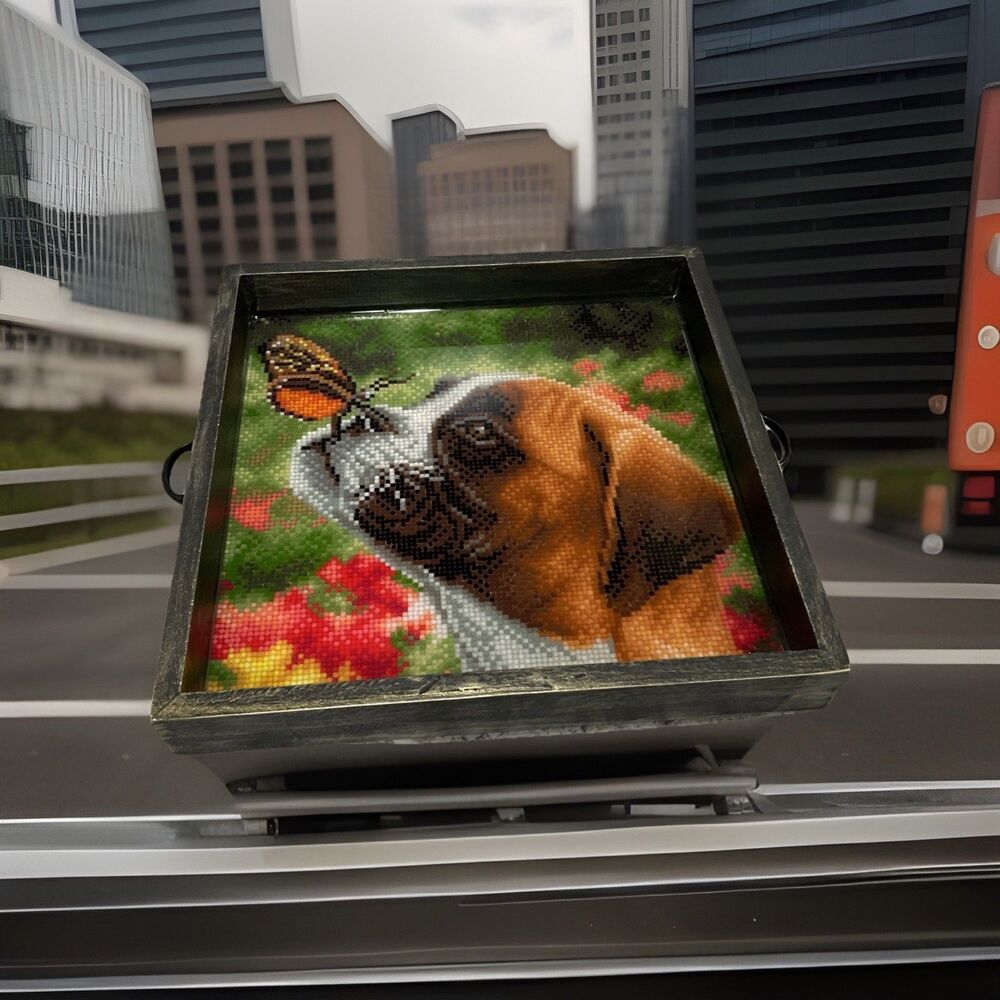 Handcrafted Tray Diamond Painting Boxer Dog With Butterfly Cover With Epoxy R